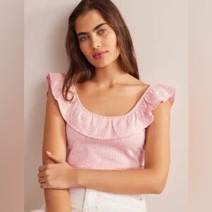 Boden Seersucker Frill Stripe Top Pink